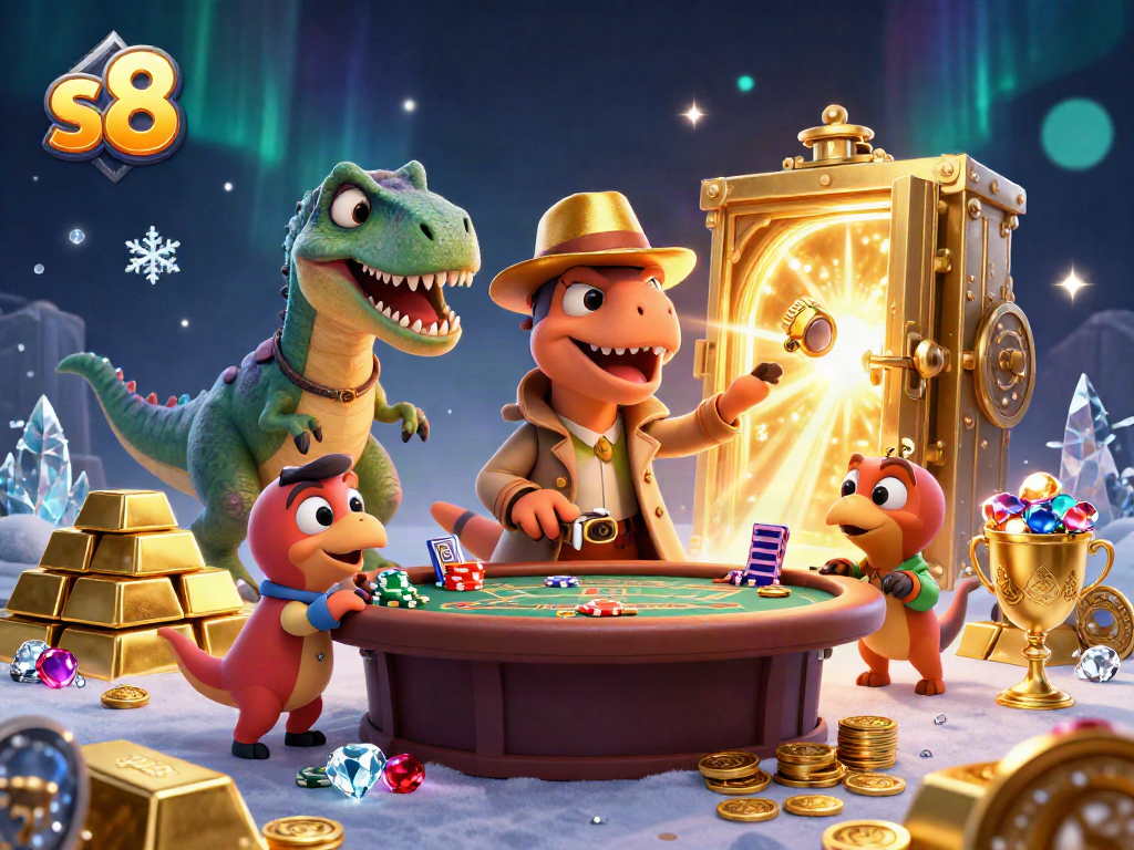 Experience thrilling betting with s8 in a dynamic casino illustration featuring playful dinosaurs.