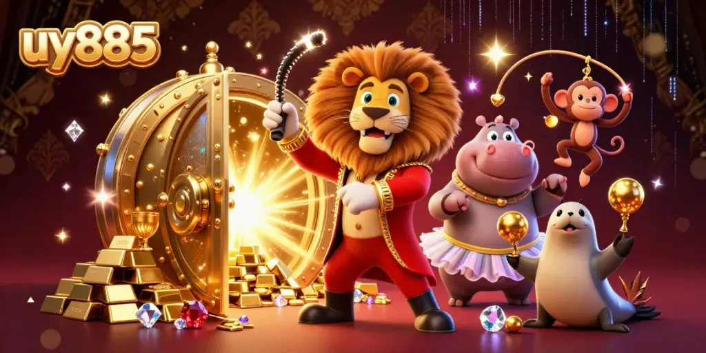 Experience thrilling casino excitement with uy885's animated characters surrounded by golden treasures.