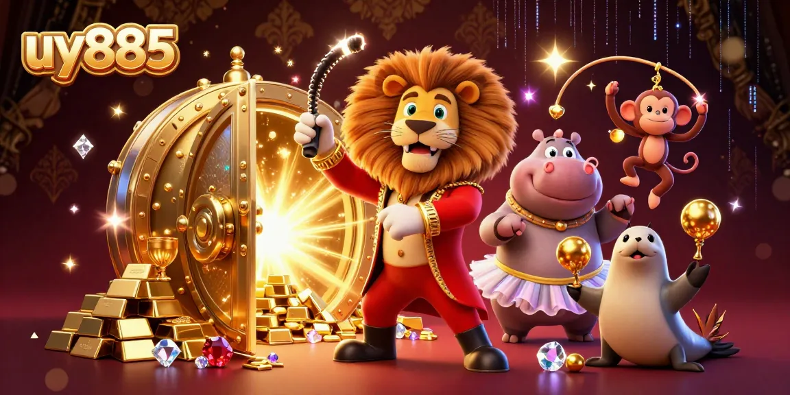 Experience thrilling casino excitement with uy885's animated characters surrounded by golden treasures.