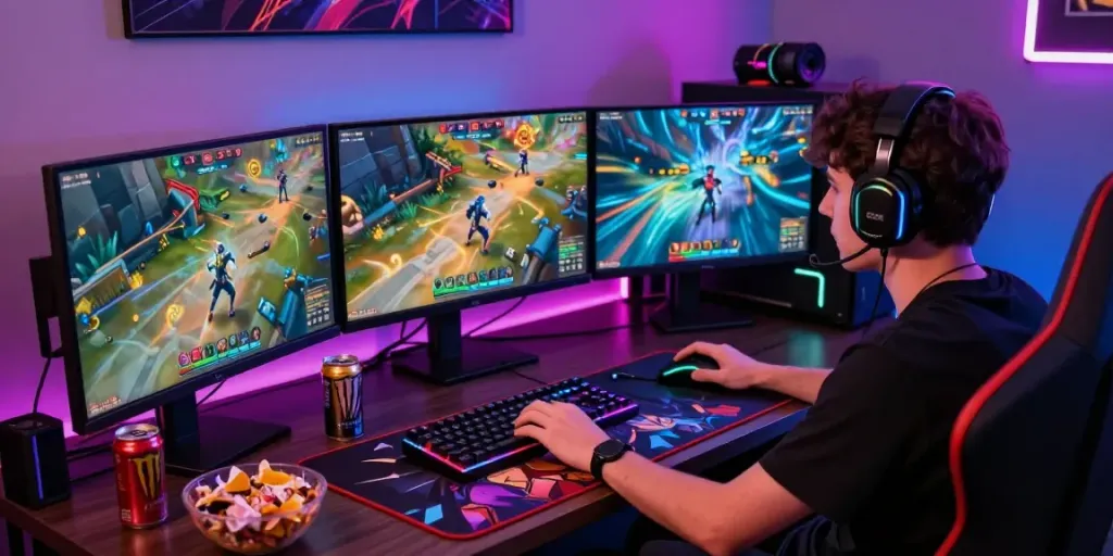 Gamer memainkan permainan tisu4d di PC dengan monitor tiga, suasana penuh energi.