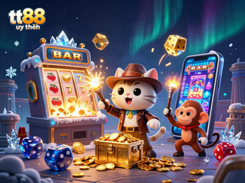 Experience thrilling wins with tt88 uy tín as our explorer discovers golden treasure in a vibrant casino scene.