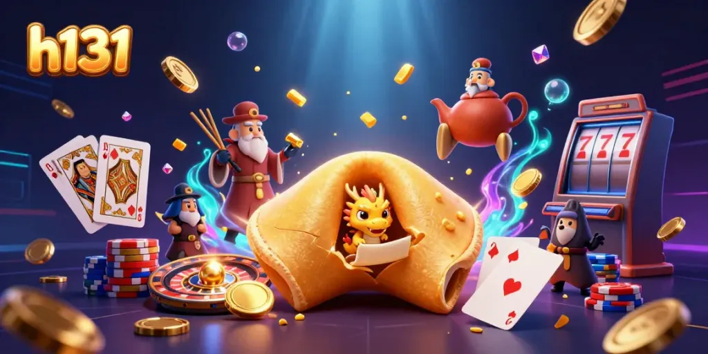 Engage with h131’s dynamic fortune cookie and casino scene, featuring abundant gold and treasure.