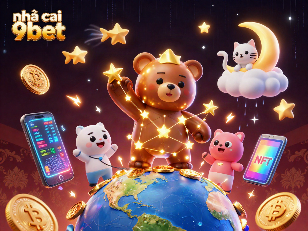 Experience the excitement of nhà cái 9bet with vibrant characters and cryptocurrency elements illustrating the gaming thrill.
