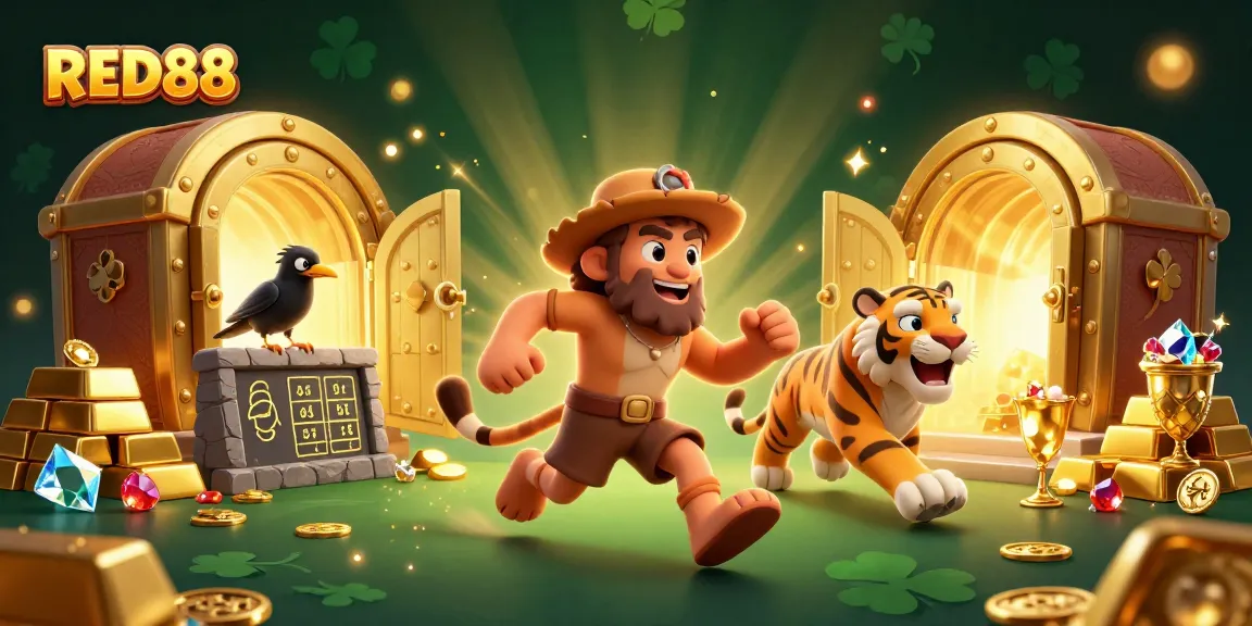 Experience the excitement at RED88, where a caveman and sabertooth tiger run a dynamic casino, surrounded by treasures.