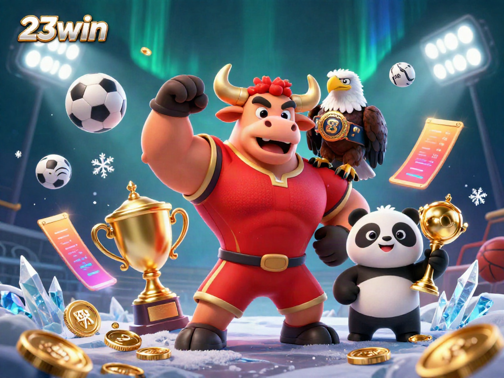 Experience thrilling wins with 23win's vibrant 3D casino world featuring a dynamic bull mascot and cheering characters.
