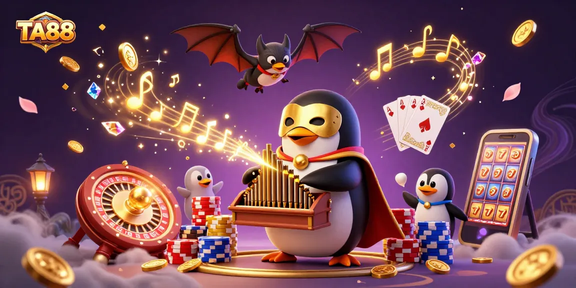 TA88 showcases an exciting casino scene with a penguin playing an organ, surrounded by golden coins and casino elements.