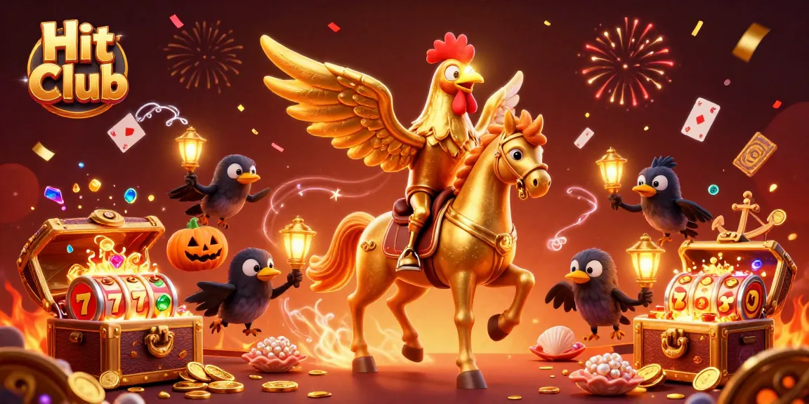 Experience the thrill at Hit Club with our vibrant casino scene featuring a golden rooster and exciting gaming elements.