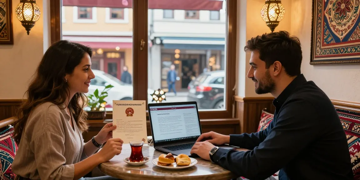Couple discussing Turkish Citizenship by Marriage in a cozy café, holding marriage certificate.