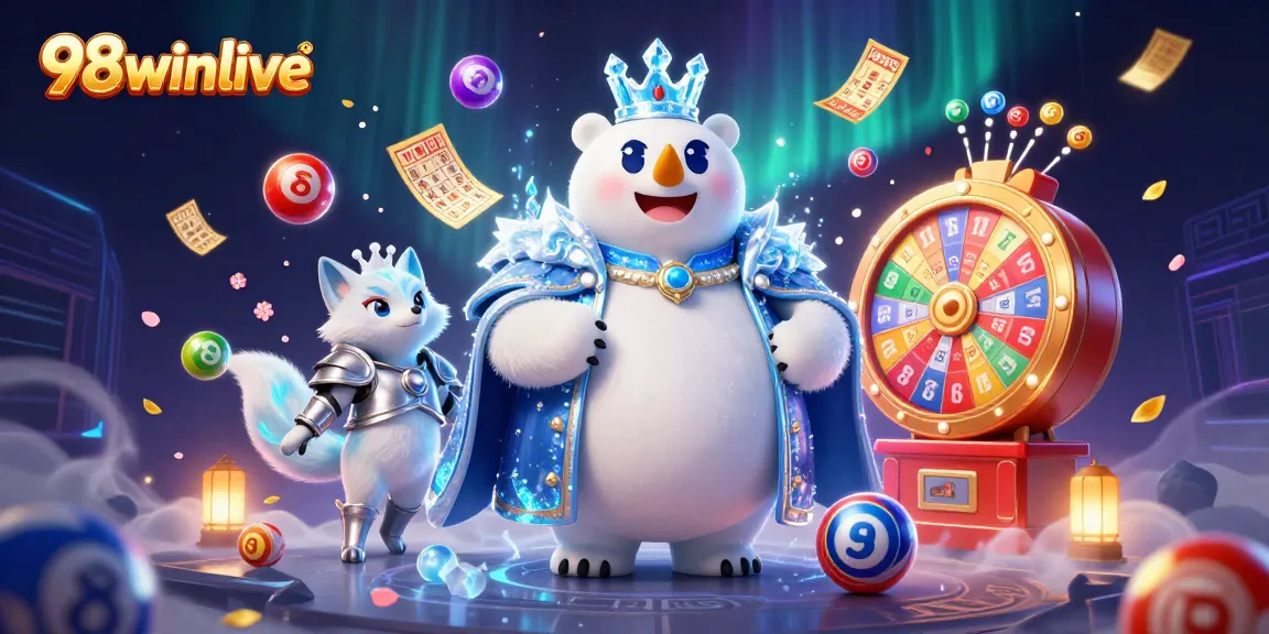 Engage with 98winlive's exciting gaming atmosphere featuring animated lottery elements.
