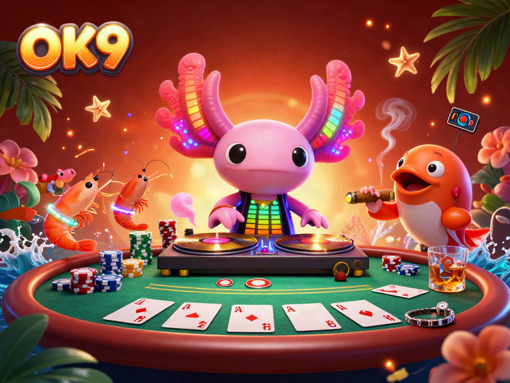 Engaging OK9 casino scene featuring an axolotl DJ, poker game elements, and vibrant underwater ambiance.