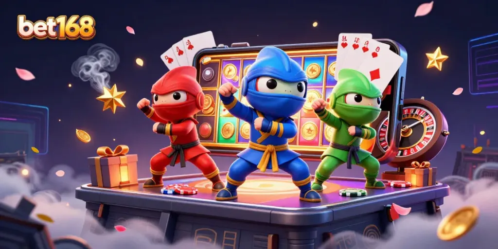 Experience thrilling action with bet168's ninja chameleons, surrounded by vibrant casino games.
