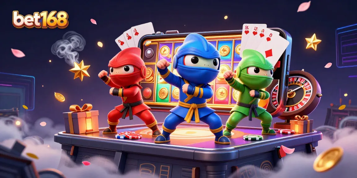 Experience thrilling action with bet168's ninja chameleons, surrounded by vibrant casino games.