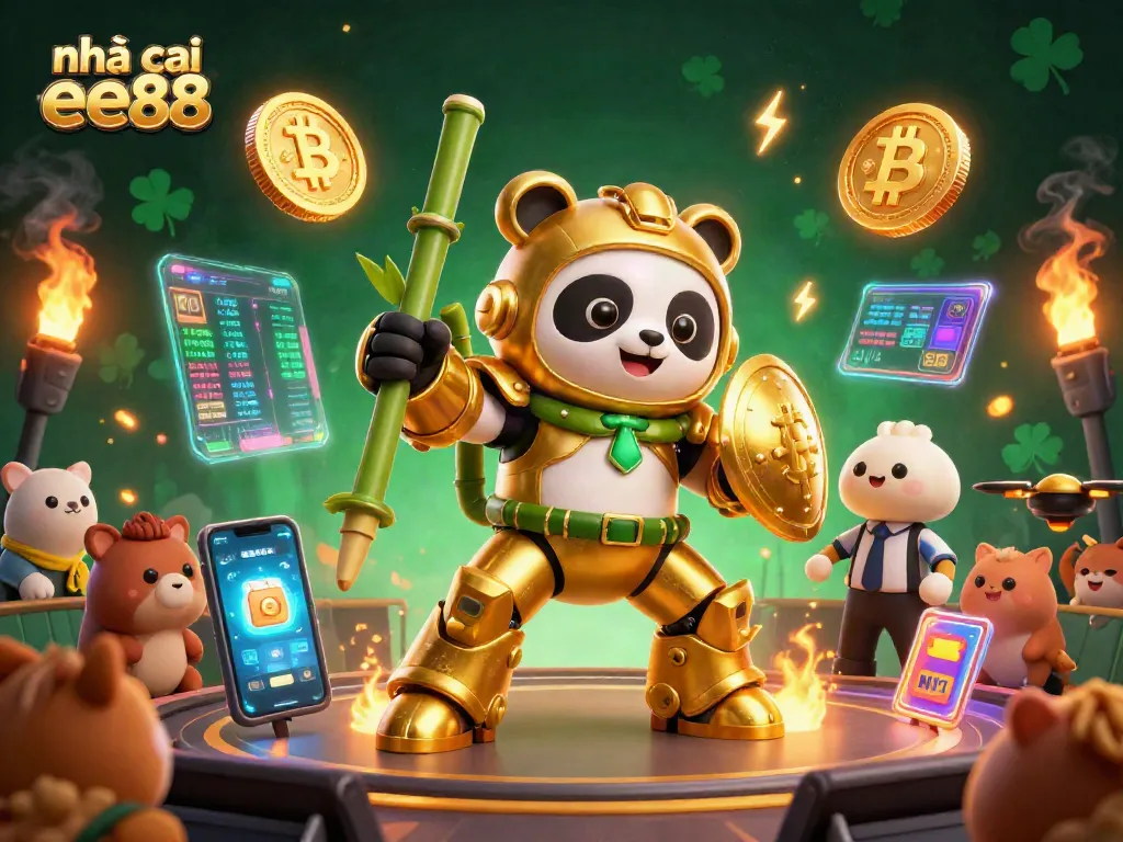 Engage with nhà cái ee88 in a vibrant 3D casino scene featuring a golden panda robot.