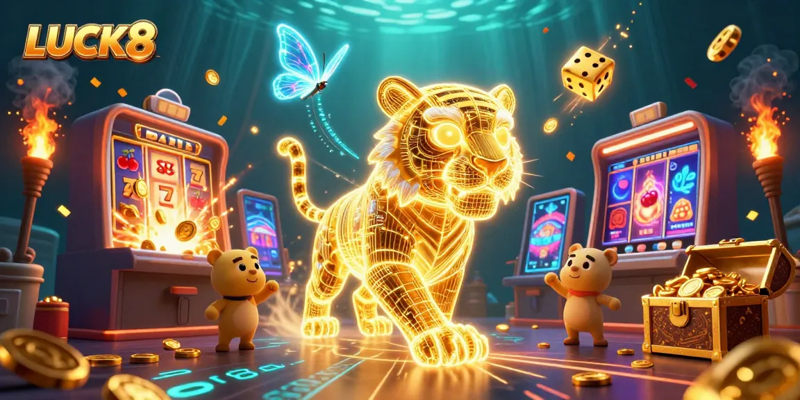 LUCK8 showcases a vibrant digital casino scene with a golden tiger and jackpot elements.