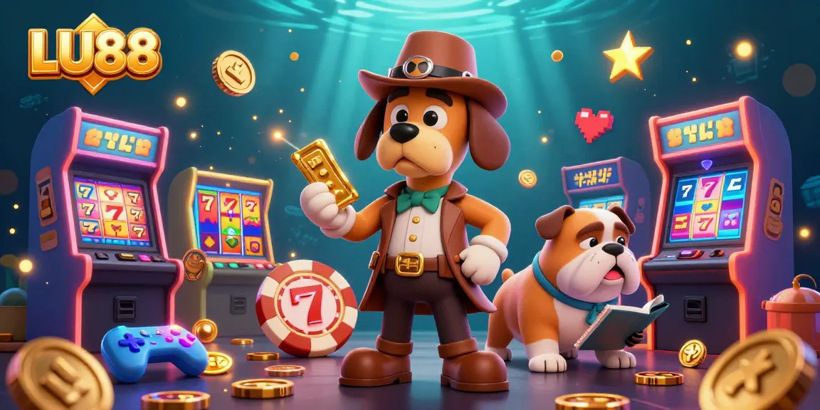 Engage with LU88's thrilling slot games through a 3D detective scene featuring vibrant elements and treasures.