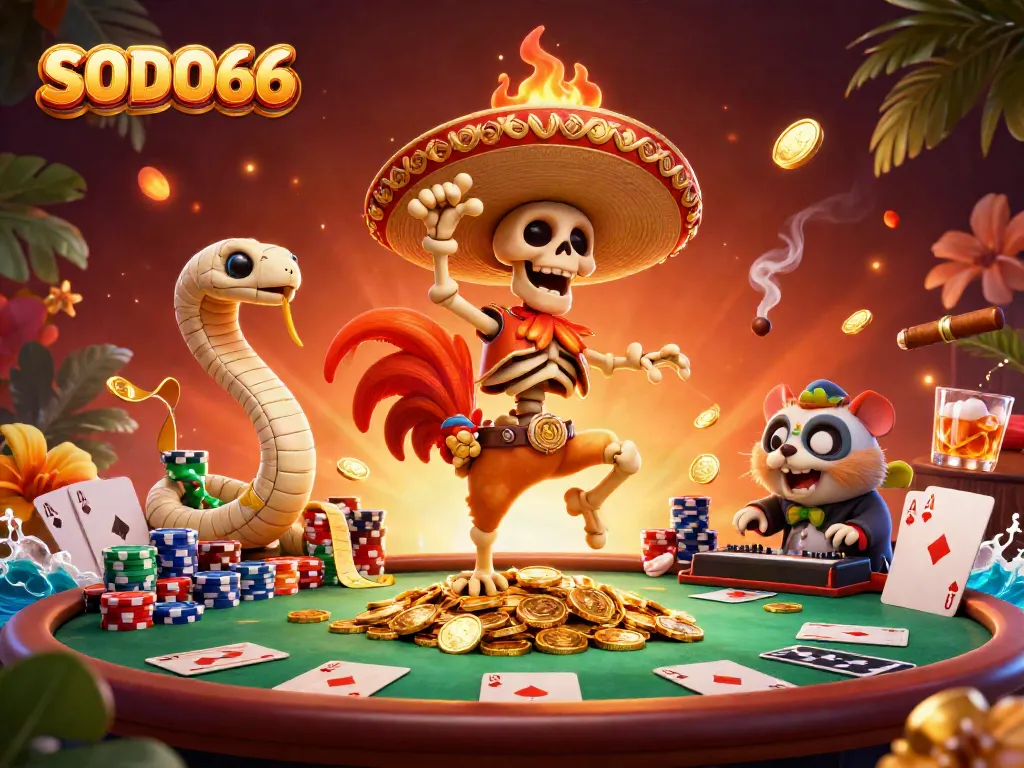 Experience the vibrant world of SODO66 with a festive victory dance on golden coins.