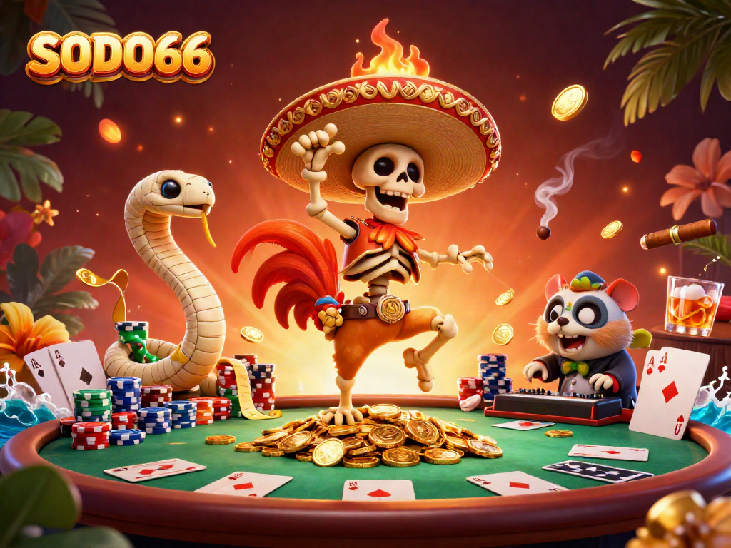 Experience the vibrant world of SODO66 with a festive victory dance on golden coins.