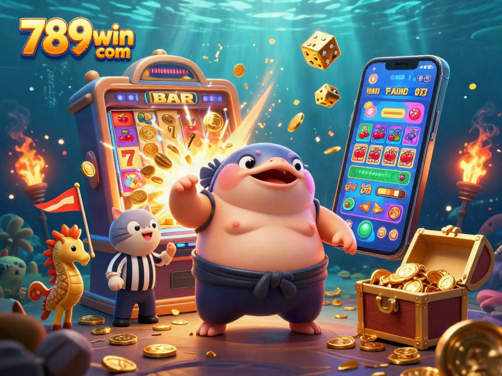 Win big with 789win com in an underwater casino scene featuring vibrant characters and exciting game elements.