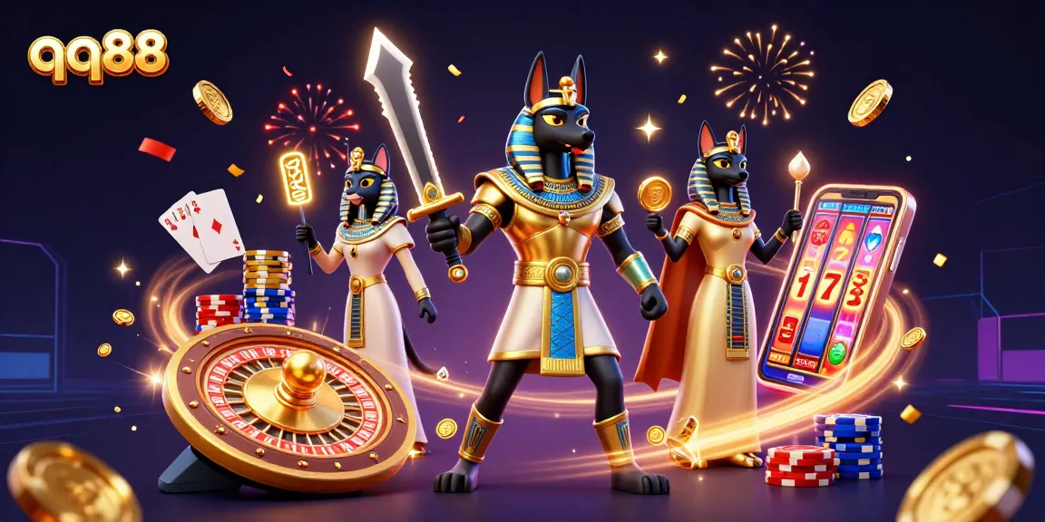 Enhance your gaming experience with qq88 showcasing ancient Egyptian icons amid vibrant casino action.