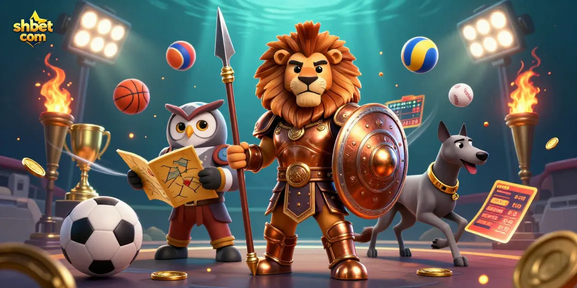 Engage with the vibrant world of shbet com, featuring a Spartan lion, owl strategist, and swift greyhound amidst dynamic sports elements.