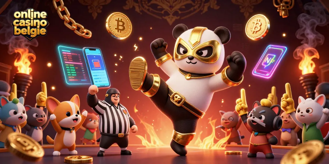Online casino belgie featuring a cartoon wrestler panda surrounded by crypto elements and cheering animals.