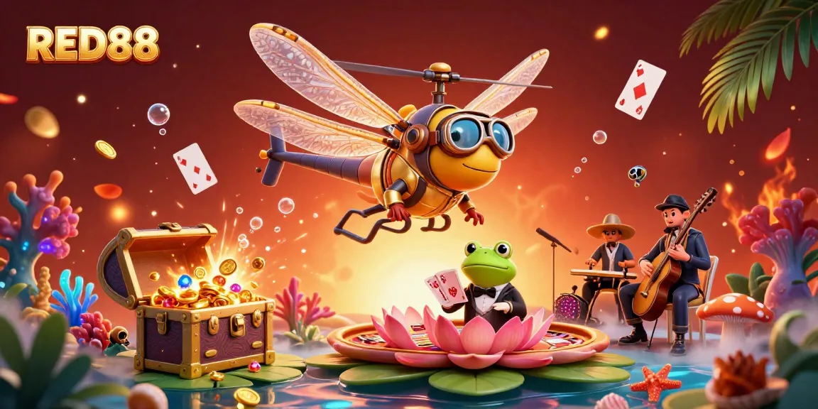 Experience the excitement of RED88 at a lively casino scene with a dragonfly pilot, frog dealer, and vibrant game elements.