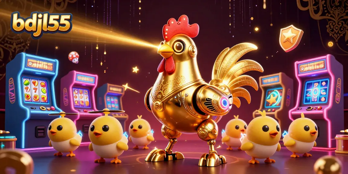 Engage with bdjl55's thrilling slots and arcade games featuring a golden rooster robot.