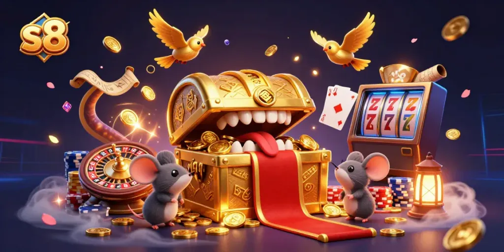 Experience the thrills of s8 with captivating casino illustrations of treasure chests, coins, and exciting games.