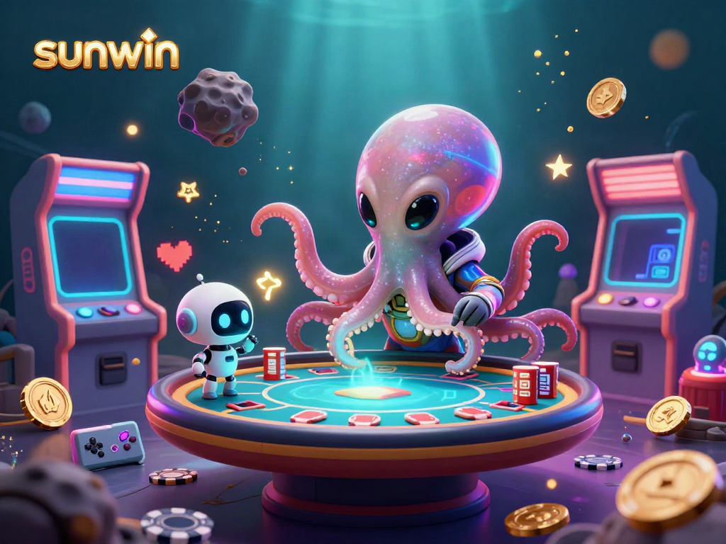 Engage with sunwin's thrilling casino experiences in a vibrant 3D digital illustration.