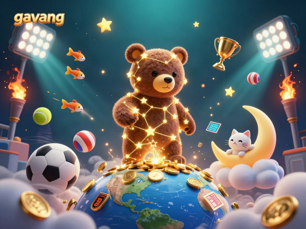 Engage with gavang's vibrant scene of sports balls and a constellation bear in a lively casino-themed illustration.