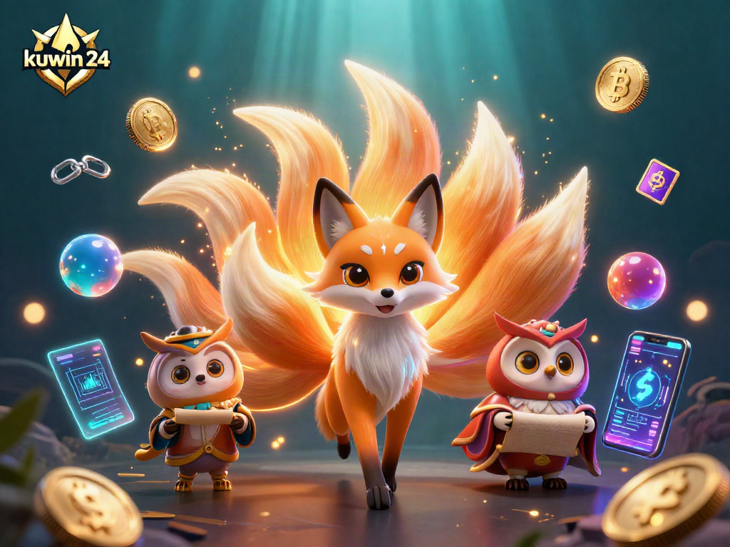 Engage with kuwin 24's captivating online casino experience featuring vibrant characters and crypto elements.