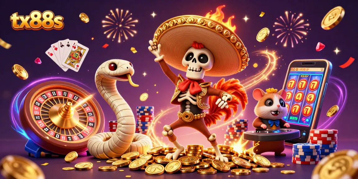 tx88s celebrates with a Mariachi rooster, a mummy snake, and a zombie DJ amidst casino riches.