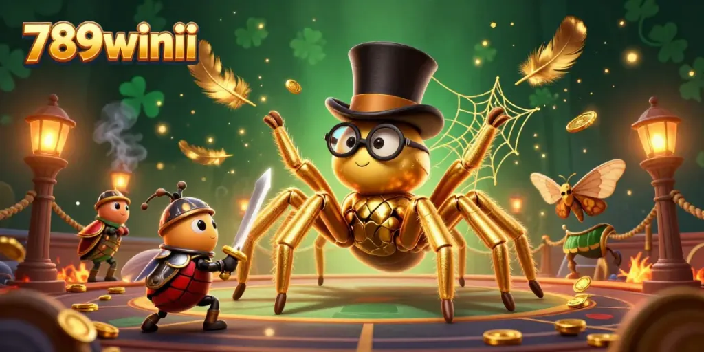 Engage with the dynamic 789winii casino scene featuring a golden tarantula and beetle knight in action.