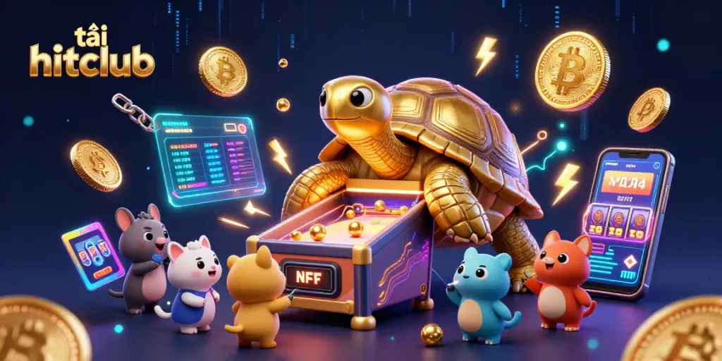 Play games at tải hitclub with animated golden tortoise and crypto-themed decorations.