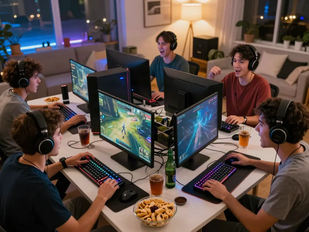 Enthusiastic players immersed in multiplayer gaming at home, showcasing vibrant gaming setups on playsv88.net.