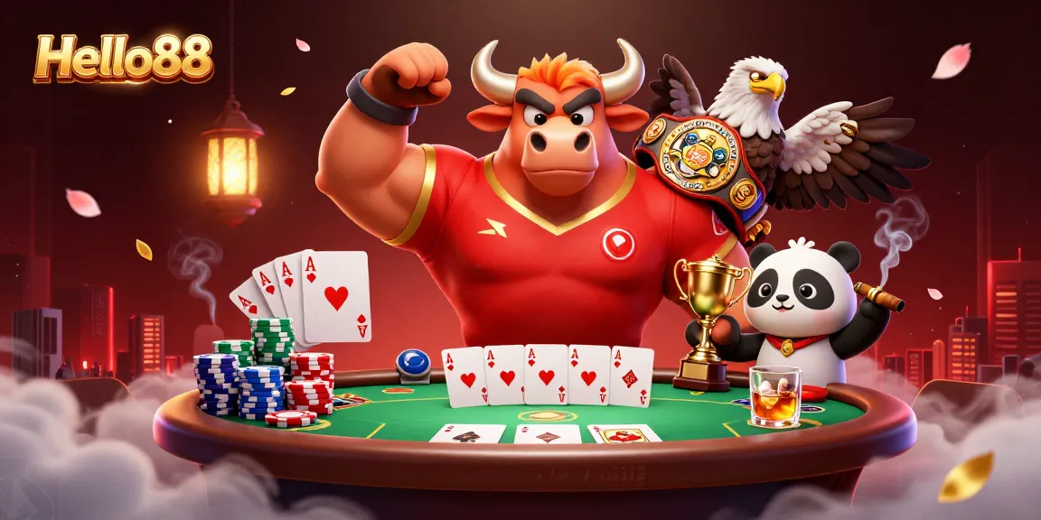 Engage with Hello88 and win big at the poker table with our playful casino mascot duo!