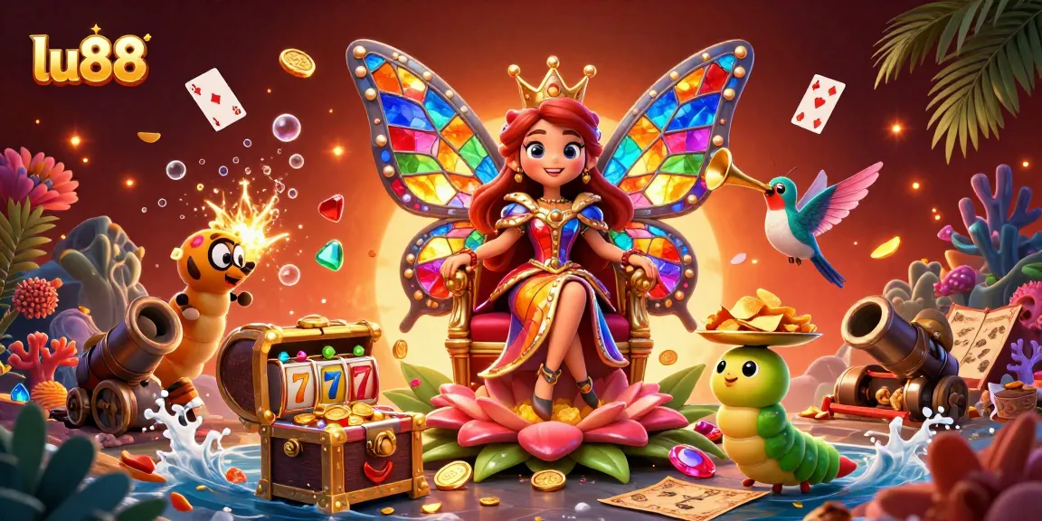 Engage with the vibrant lu88 casino experience through this captivating 3D illustration featuring a butterfly queen and dynamic gaming elements.