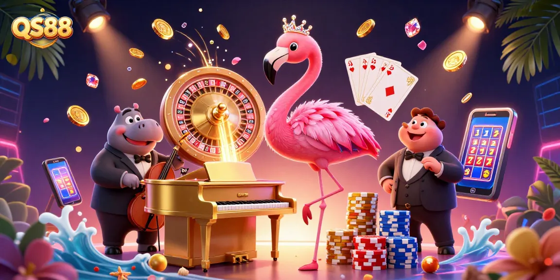 Engage in exciting QS88 gaming adventures with vibrant casino elements and lively characters.