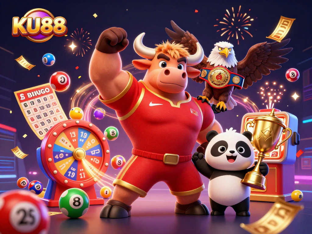 Celebrate wins at KU88 with our vibrant casino-themed illustration featuring lively characters.