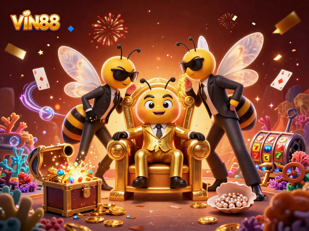 Experience the excitement of VIN88 slots with thrilling characters in a vibrant casino scene.