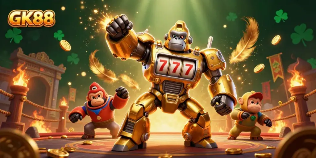 GK88 golden gorilla mech with slot machine parts and monkey pilot celebrates winning with coins.