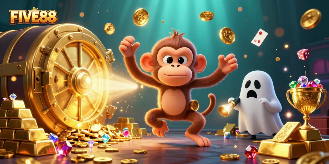 Experience thrilling moments with FIVE88 in this vibrant 3D casino scene filled with treasures.