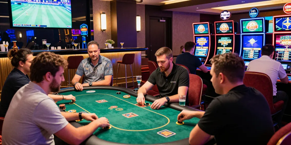 LUCK8 online casino scene with players enjoying poker and sports betting in a vibrant setting.