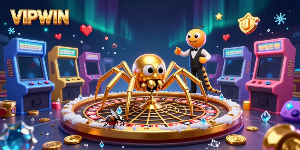 Experience thrilling bets at VIPWIN with a playful spider dealer and colorful arcade machines.