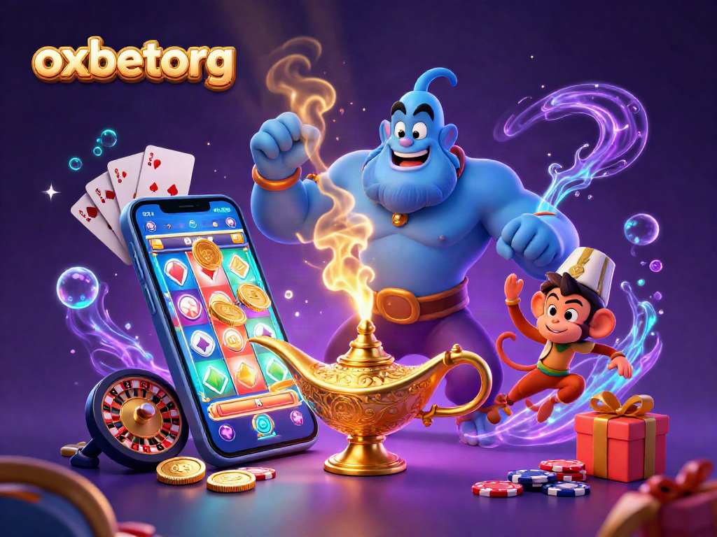 Experience the excitement of oxbetorg with a magical casino scene featuring a genie, poker chips, and vibrant game elements.