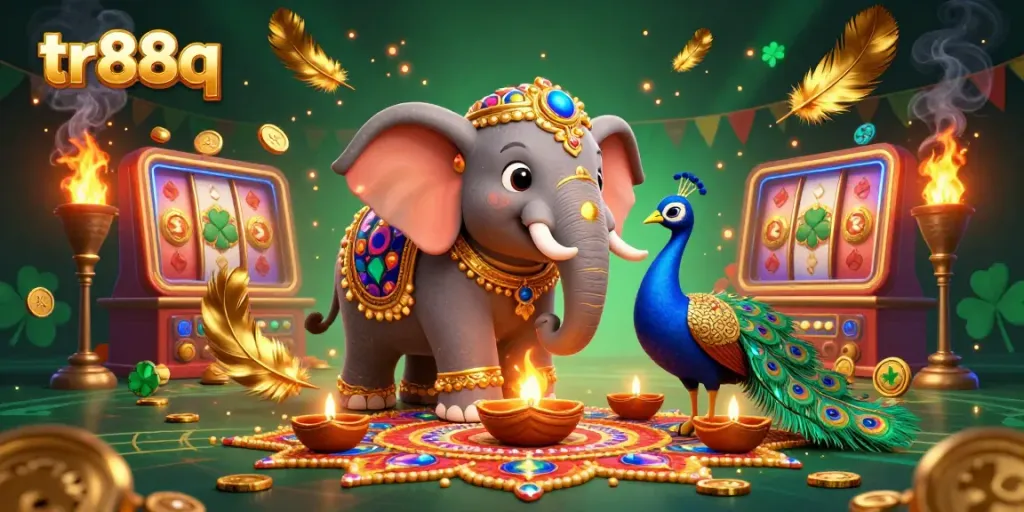 Experience the vibrant world of tr88q with this ultra-detailed 3D rendering featuring a colorful casino scene enriched with gold coins and festive elements.