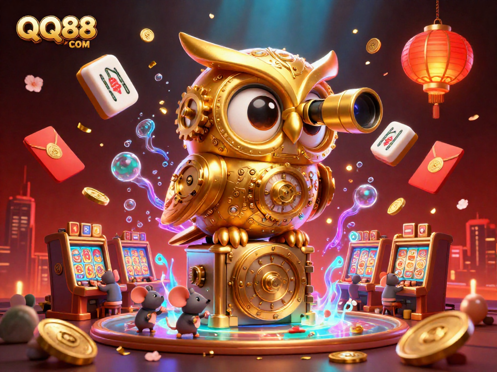 Experience the vibrant excitement of QQ88 COM casino with a dynamic 3D illustration showcasing iconic gaming elements.