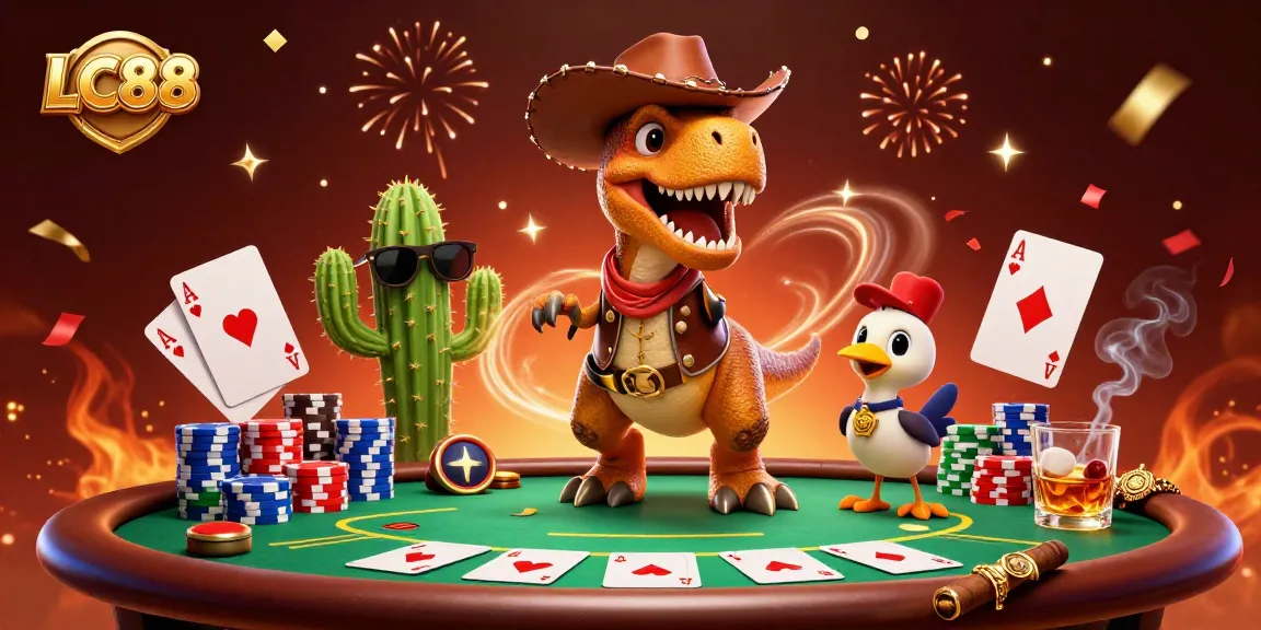 LC88 themed illustration featuring a gambling scene with a T-Rex cowboy, poker chips, and vibrant confetti.