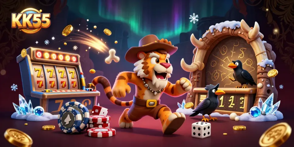 KK55 offers big wins in a vibrant slot casino scene with unique characters and dynamic elements.