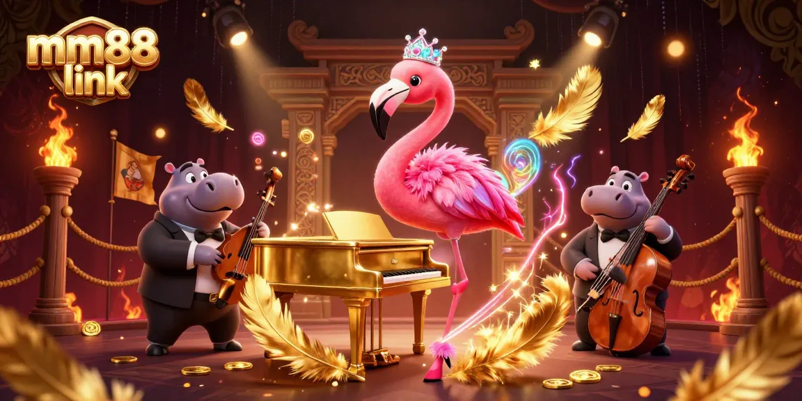 Spin the reels at MM88 link, featuring vibrant characters amidst gold coins and dynamic casino elements.